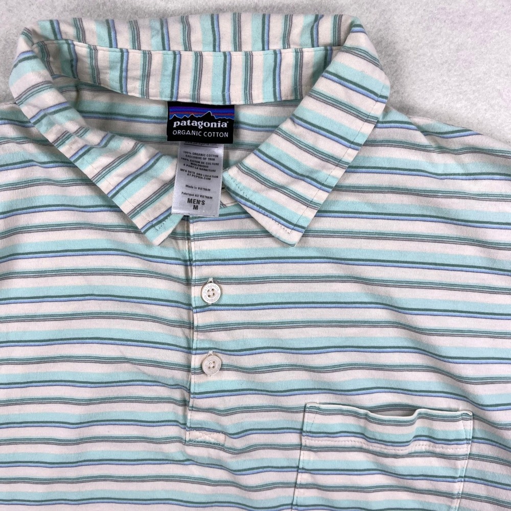 VTG Patagonia Mens Organic Cotton Striped Polo Shirt Teal Blue White M Pocket